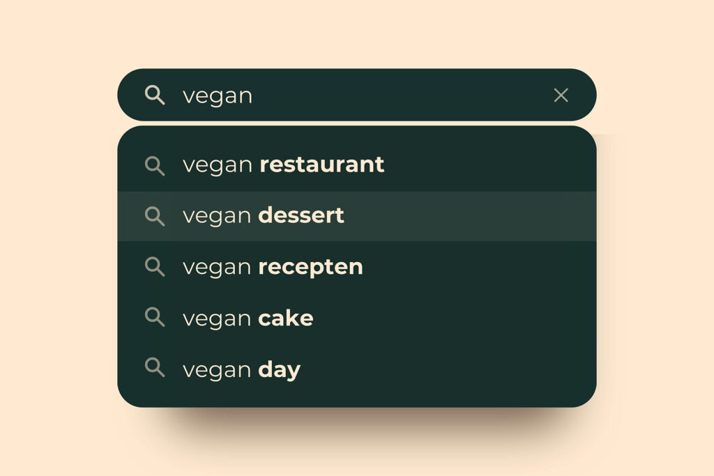 SEO in actie. Zoekbalk met trefwoord vegan en zoeksuggesties.
